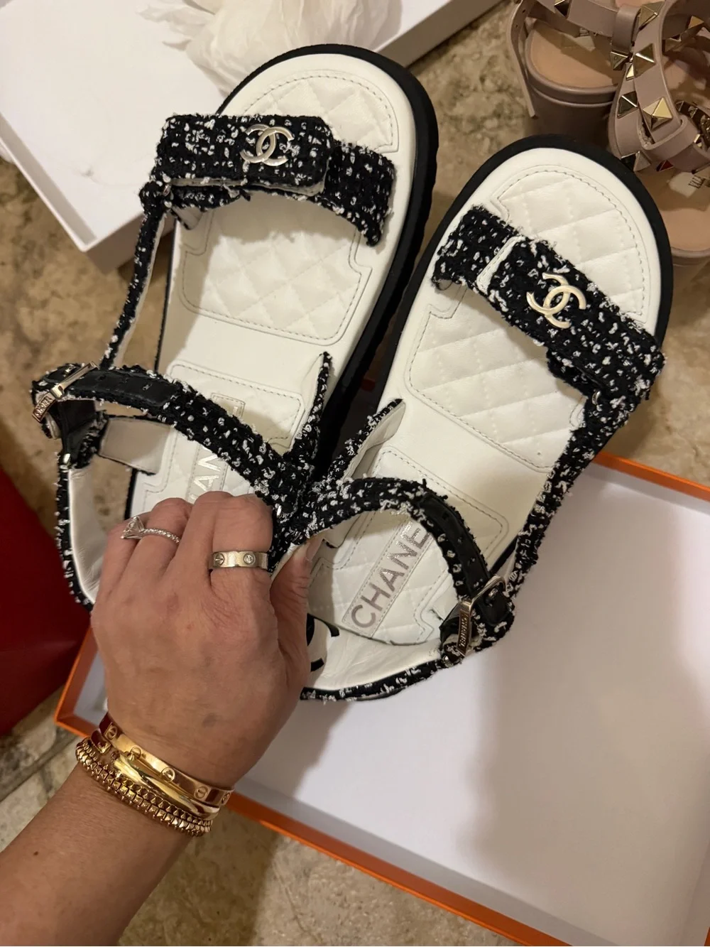 CHANEL Black & White Tweed Quilted Strap Sandals